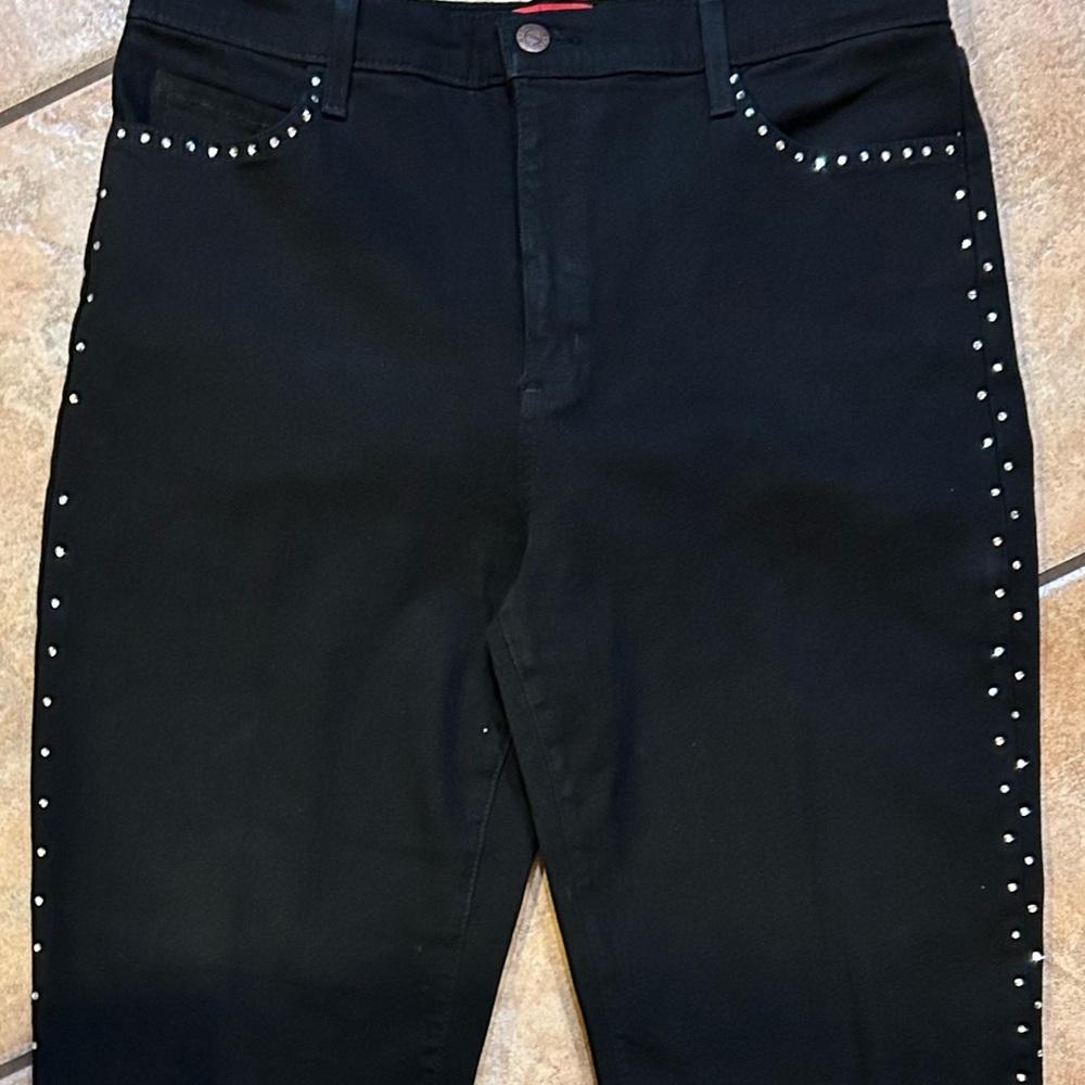 NYDJ Black Stretch Denim Jeans Size 12 with Rhinestone Embellished Sides NWOT